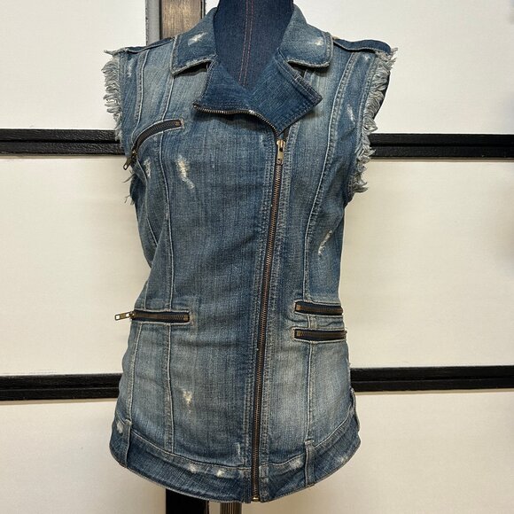 Women's Guess Distressed Denim Zipper Vest w/Pockets, Size Small - Picture 1 of 5